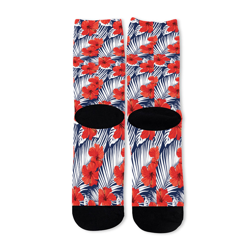 Red Hibiscus Tropical Pattern Print Long Socks