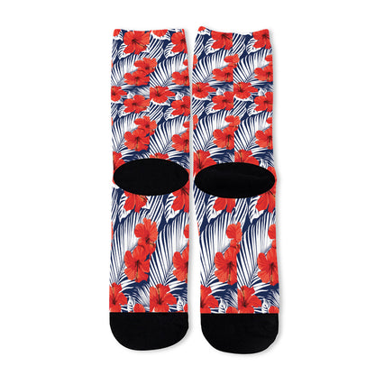 Red Hibiscus Tropical Pattern Print Long Socks