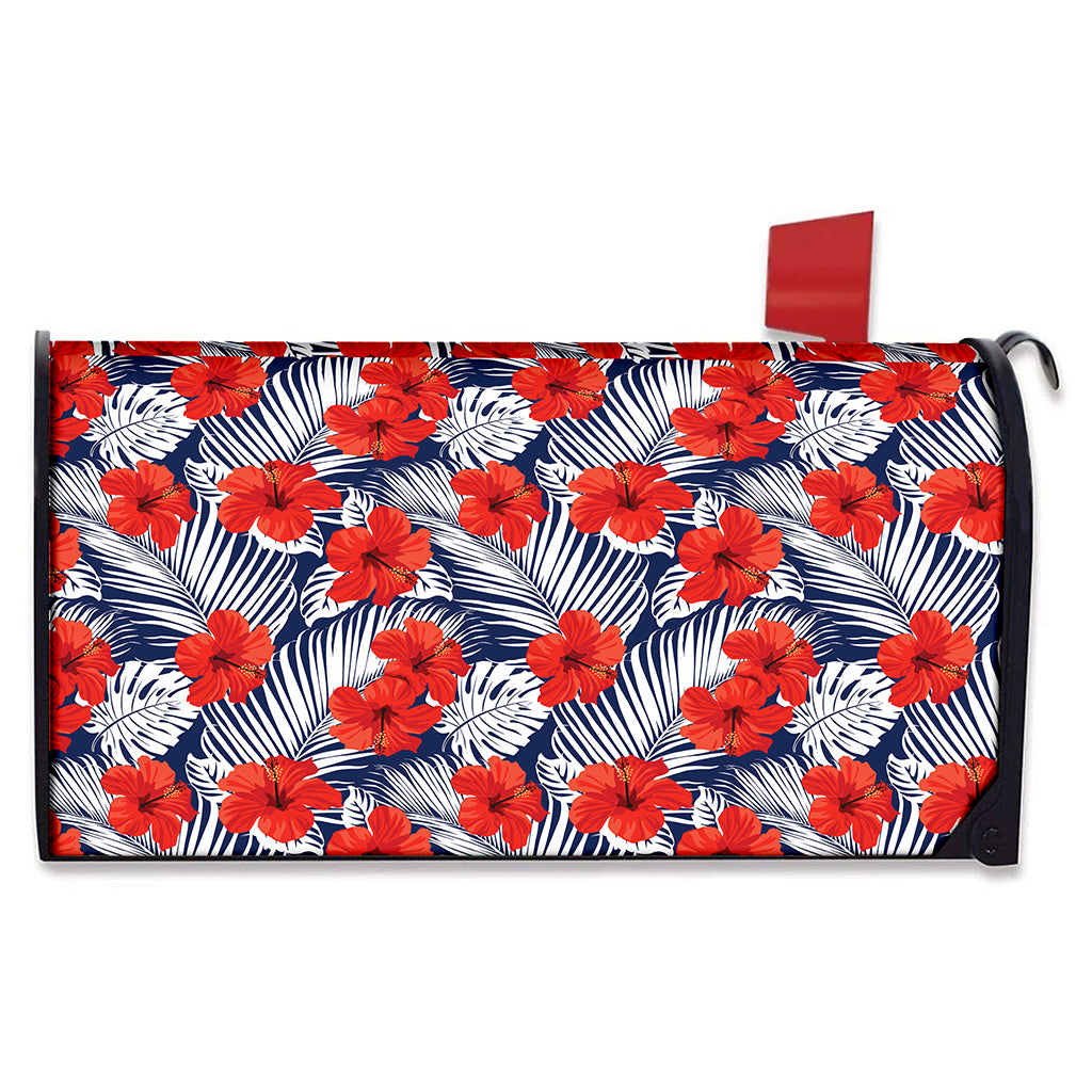 Red Hibiscus Tropical Pattern Print Mailbox Cover