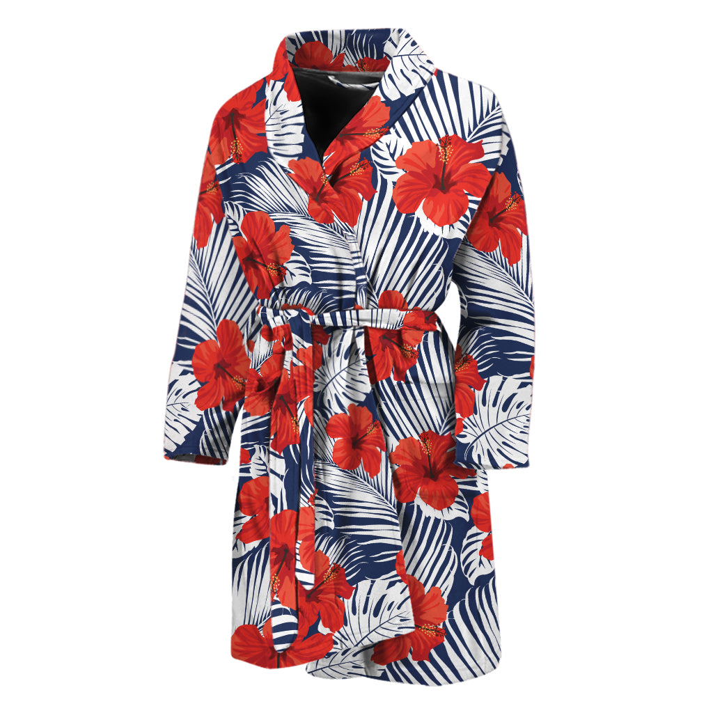 Red Hibiscus Tropical Pattern Print Men's Bathrobe
