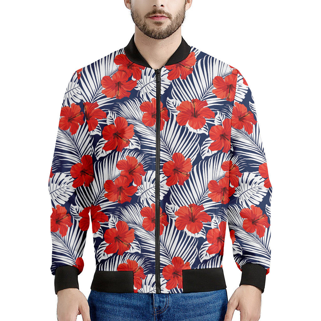 Red Hibiscus Tropical Pattern Print Men's Bomber Jacket