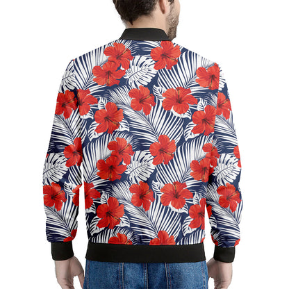 Red Hibiscus Tropical Pattern Print Men's Bomber Jacket