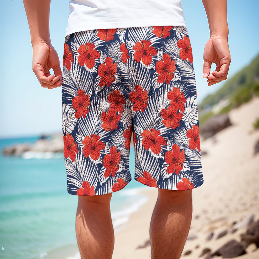 Red Hibiscus Tropical Pattern Print Men's Cargo Shorts