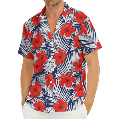 Red Hibiscus Tropical Pattern Print Men's Deep V-Neck Shirt