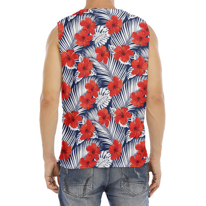 Red Hibiscus Tropical Pattern Print Men's Fitness Tank Top