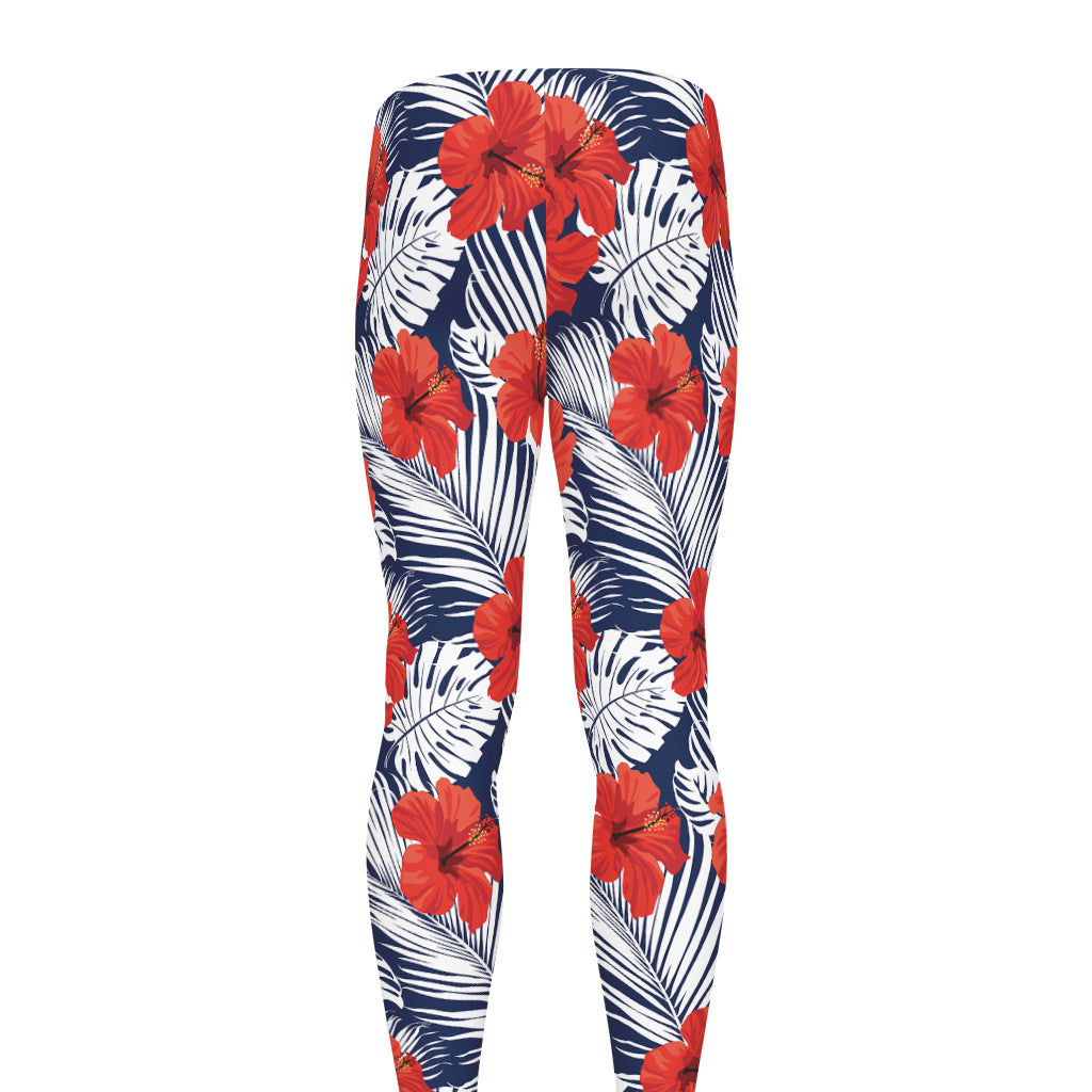 Red Hibiscus Tropical Pattern Print Men's leggings