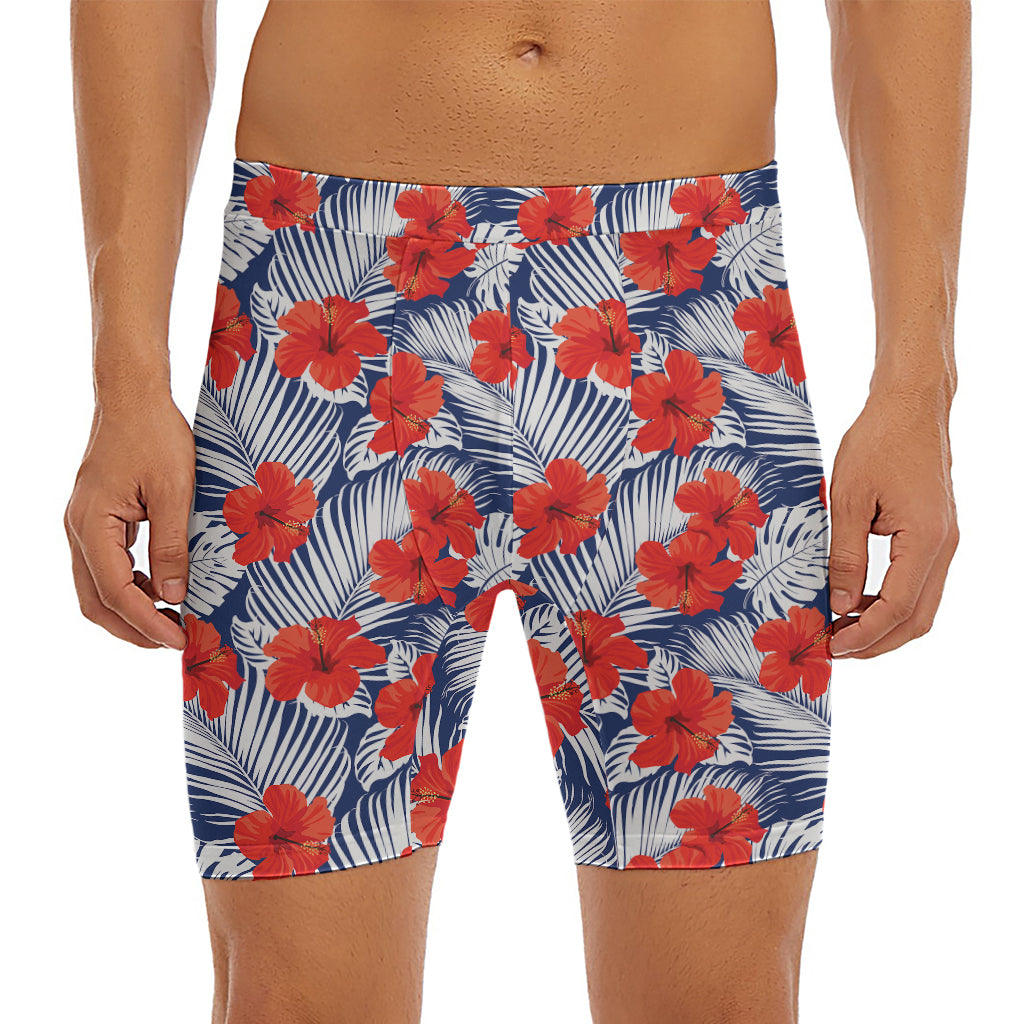 Red Hibiscus Tropical Pattern Print Men's Long Boxer Briefs