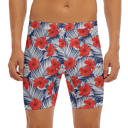 Red Hibiscus Tropical Pattern Print Men's Long Boxer Briefs