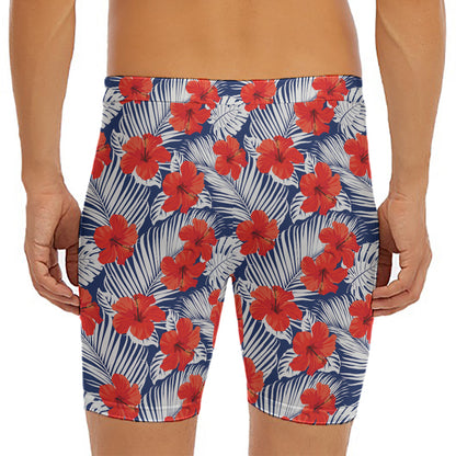 Red Hibiscus Tropical Pattern Print Men's Long Boxer Briefs