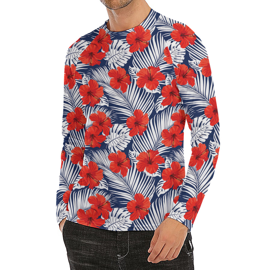 Red Hibiscus Tropical Pattern Print Men's Long Sleeve Rash Guard
