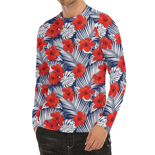 Red Hibiscus Tropical Pattern Print Men's Long Sleeve Rash Guard