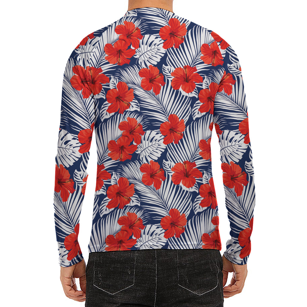 Red Hibiscus Tropical Pattern Print Men's Long Sleeve Rash Guard