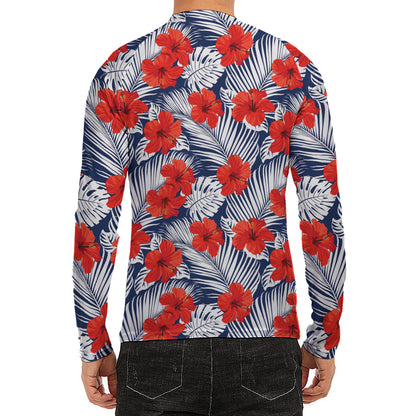 Red Hibiscus Tropical Pattern Print Men's Long Sleeve Rash Guard