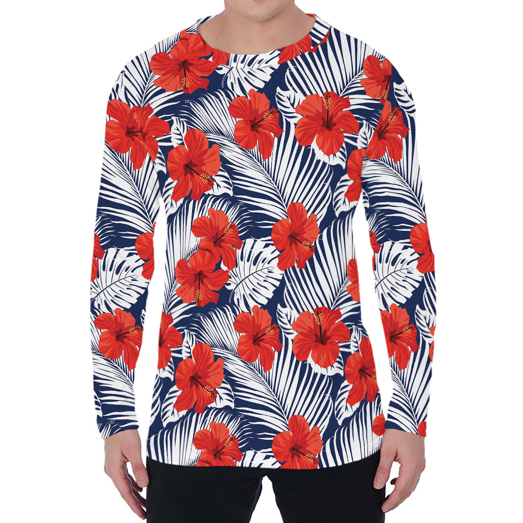Red Hibiscus Tropical Pattern Print Men's Long Sleeve T-Shirt