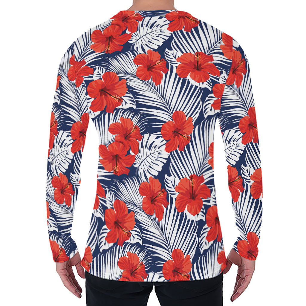 Red Hibiscus Tropical Pattern Print Men's Long Sleeve T-Shirt