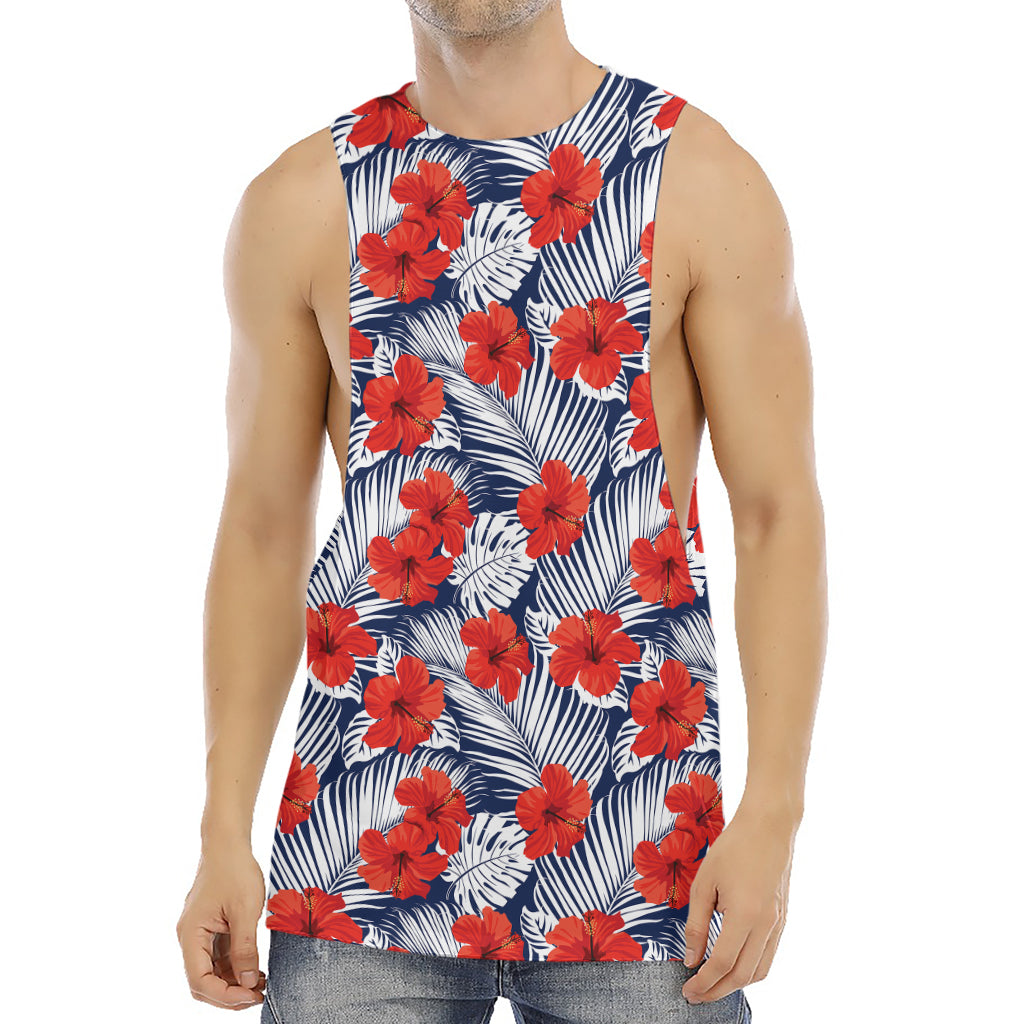 Red Hibiscus Tropical Pattern Print Men's Muscle Tank Top