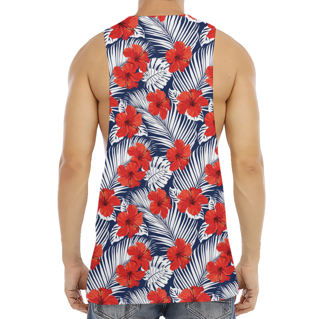 Red Hibiscus Tropical Pattern Print Men's Muscle Tank Top