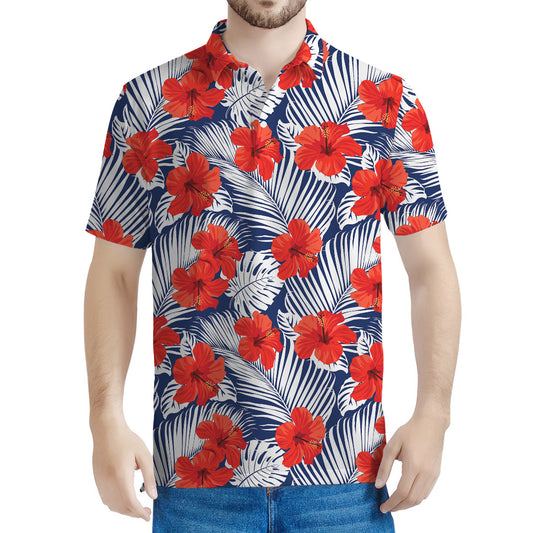 Red Hibiscus Tropical Pattern Print Men's Polo Shirt