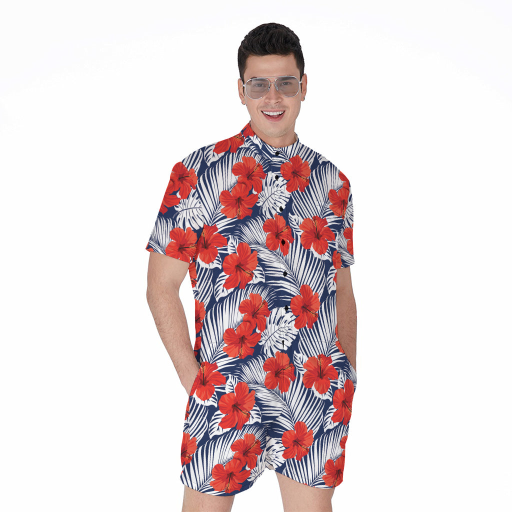 Red Hibiscus Tropical Pattern Print Men's Rompers