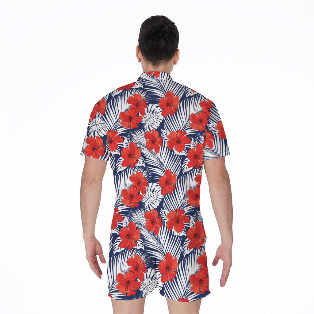 Red Hibiscus Tropical Pattern Print Men's Rompers