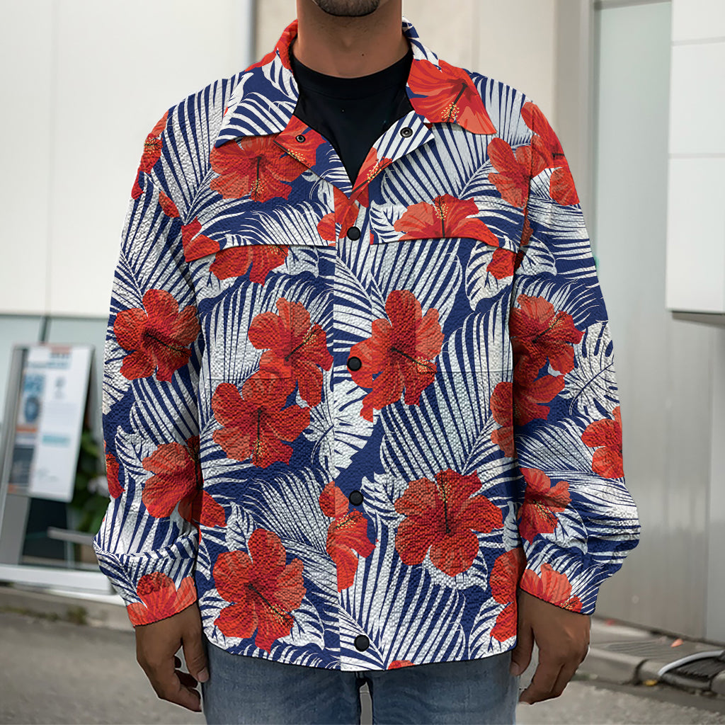 Red Hibiscus Tropical Pattern Print Men's Shirt Jacket