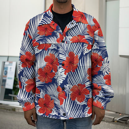 Red Hibiscus Tropical Pattern Print Men's Shirt Jacket