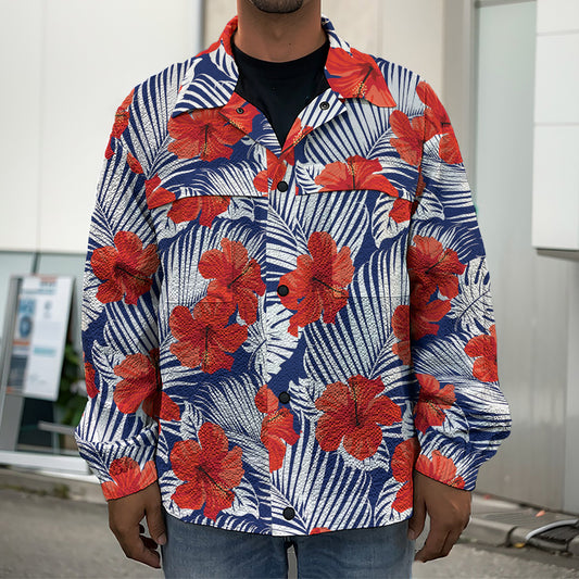 Red Hibiscus Tropical Pattern Print Men's Shirt Jacket