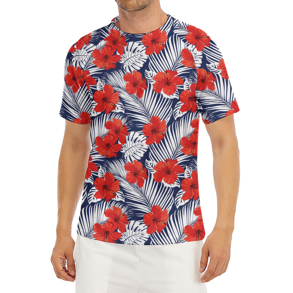 Red Hibiscus Tropical Pattern Print Men's Short Sleeve Rash Guard