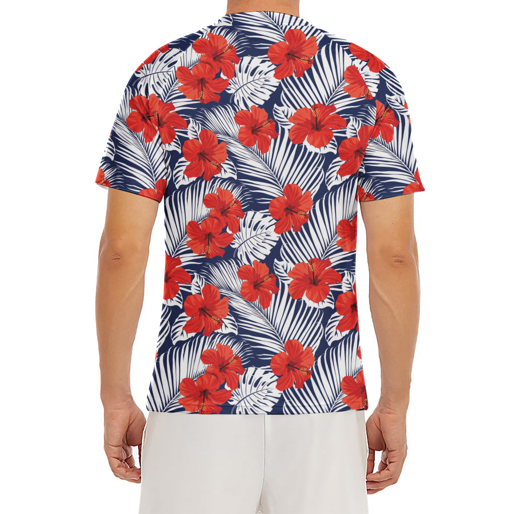 Red Hibiscus Tropical Pattern Print Men's Short Sleeve Rash Guard