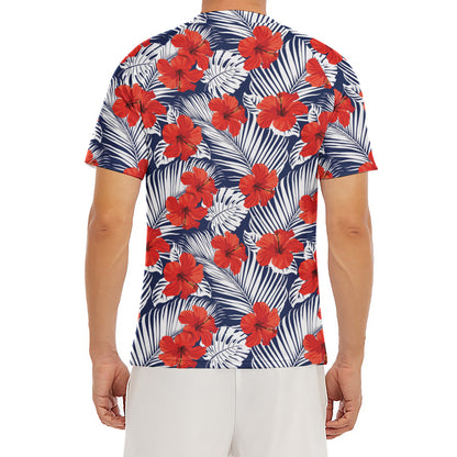 Red Hibiscus Tropical Pattern Print Men's Short Sleeve Rash Guard
