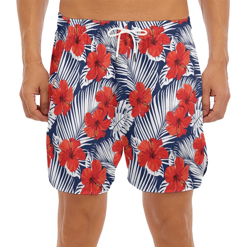 Red Hibiscus Tropical Pattern Print Men's Split Running Shorts