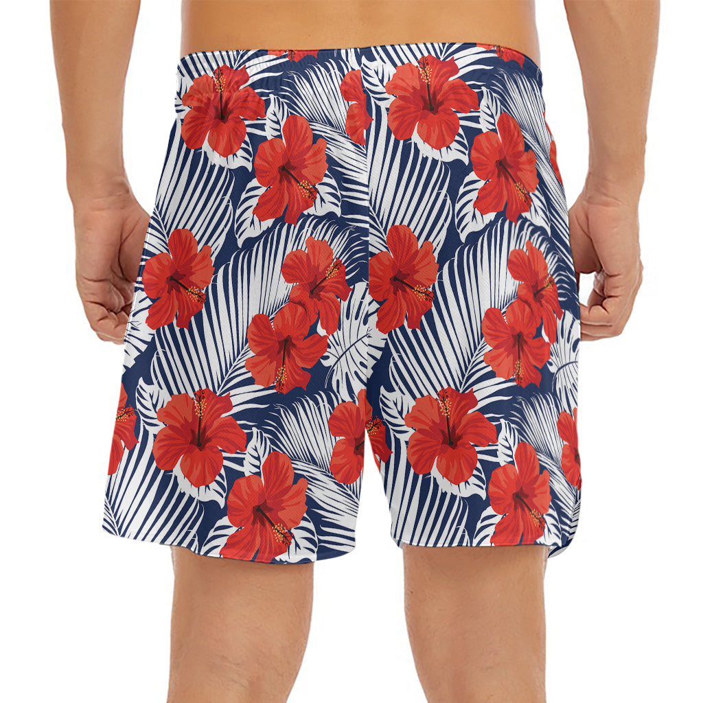 Red Hibiscus Tropical Pattern Print Men's Split Running Shorts