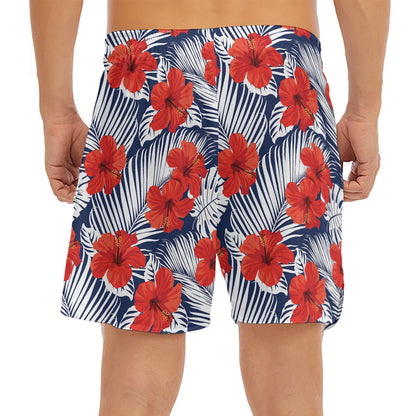 Red Hibiscus Tropical Pattern Print Men's Split Running Shorts