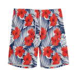 Red Hibiscus Tropical Pattern Print Men's Sports Shorts