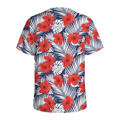Red Hibiscus Tropical Pattern Print Men's Sports T-Shirt