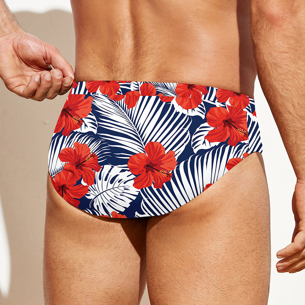 Red Hibiscus Tropical Pattern Print Men's Swim Briefs