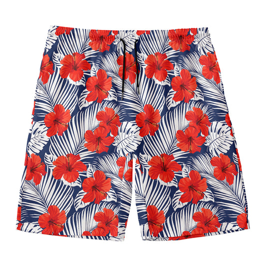 Red Hibiscus Tropical Pattern Print Men's Swim Trunks