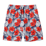 Red Hibiscus Tropical Pattern Print Men's Swim Trunks