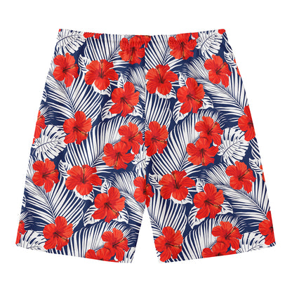 Red Hibiscus Tropical Pattern Print Men's Swim Trunks