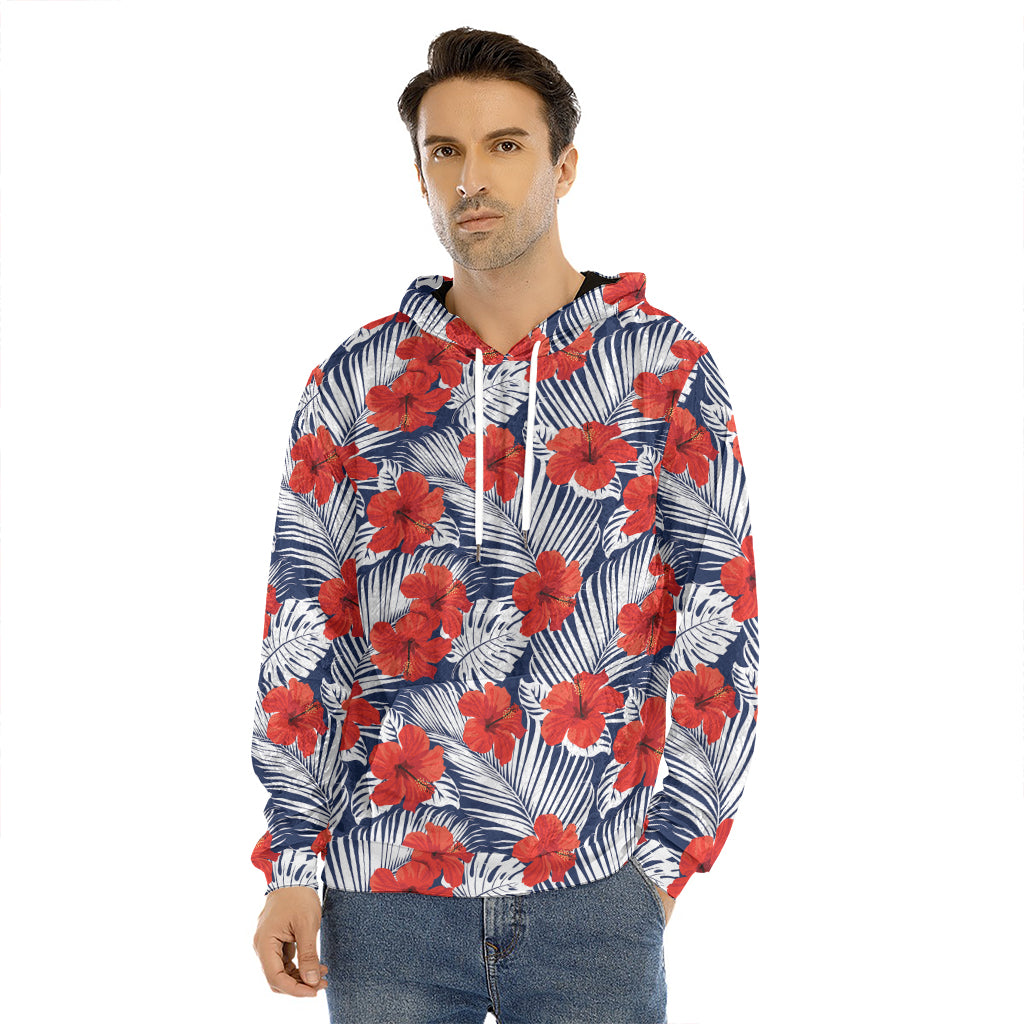 Red Hibiscus Tropical Pattern Print Men's Velvet Pullover Hoodie