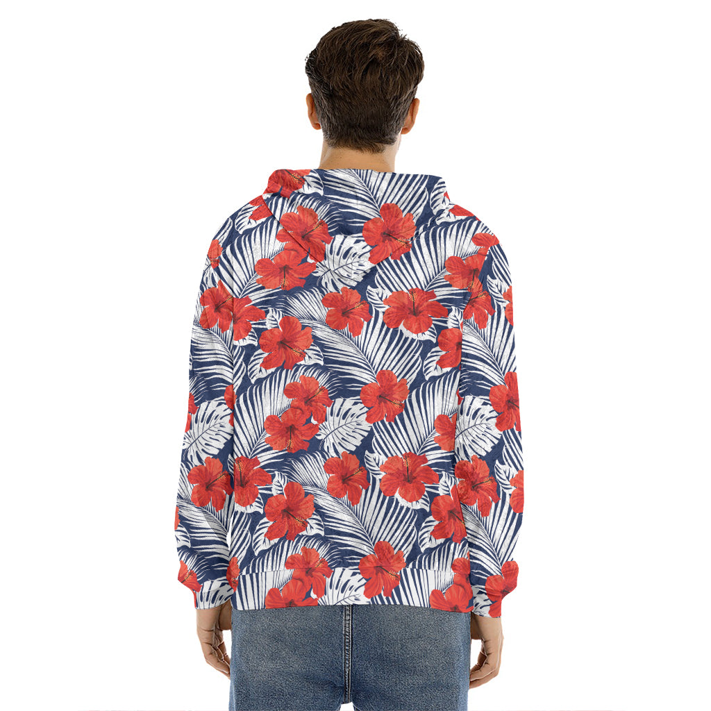 Red Hibiscus Tropical Pattern Print Men's Velvet Pullover Hoodie