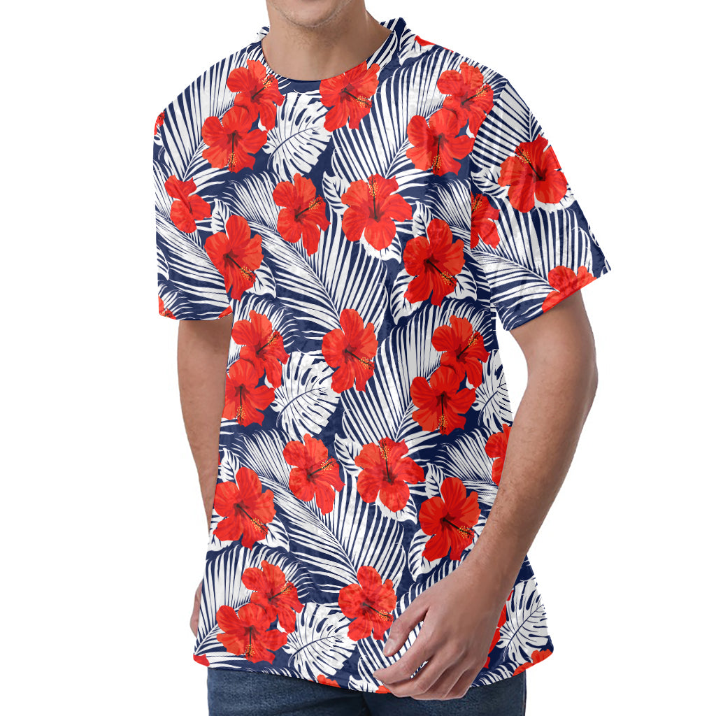 Red Hibiscus Tropical Pattern Print Men's Velvet T-Shirt