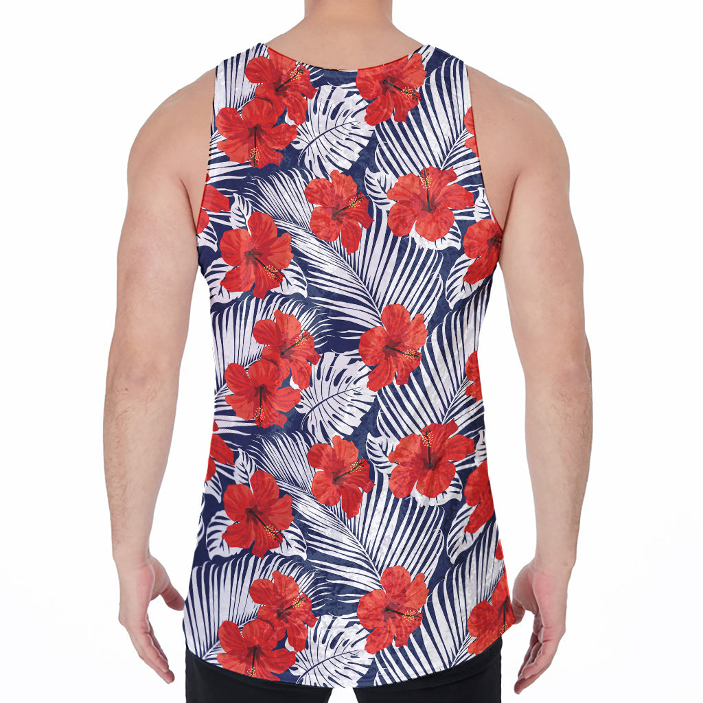 Red Hibiscus Tropical Pattern Print Men's Velvet Tank Top