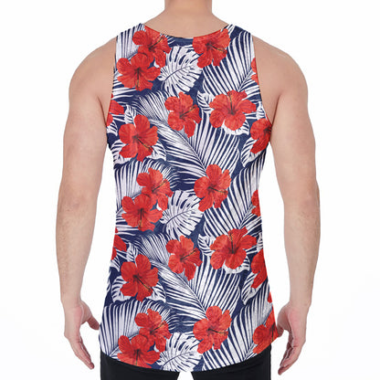 Red Hibiscus Tropical Pattern Print Men's Velvet Tank Top