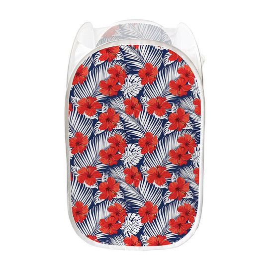 Red Hibiscus Tropical Pattern Print Mesh Laundry Hamper