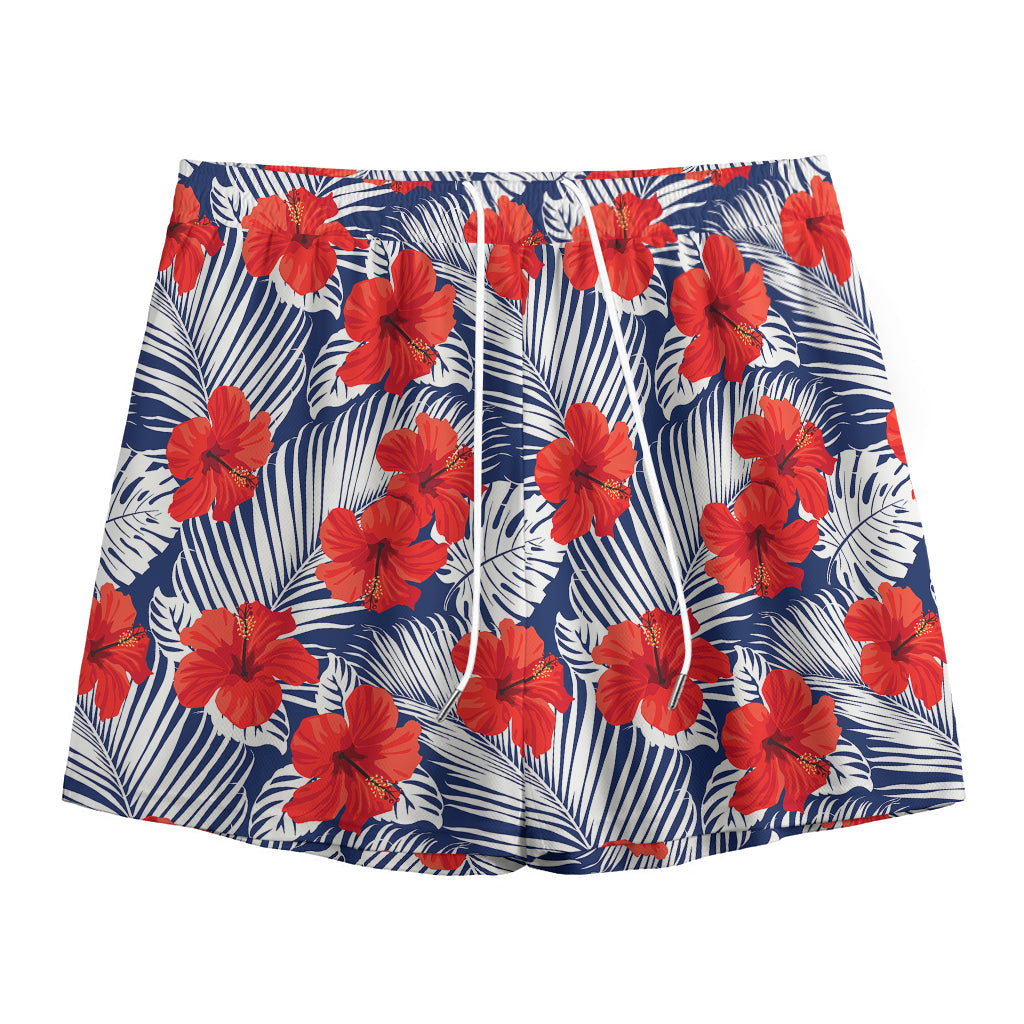 Red Hibiscus Tropical Pattern Print Mesh Shorts