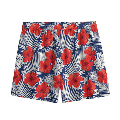 Red Hibiscus Tropical Pattern Print Mesh Shorts