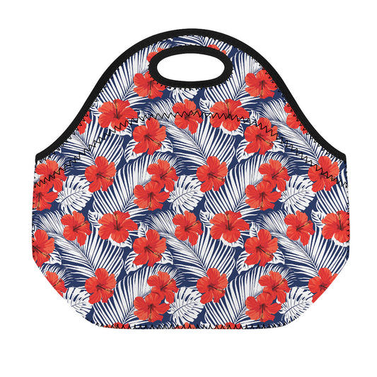 Red Hibiscus Tropical Pattern Print Neoprene Lunch Bag
