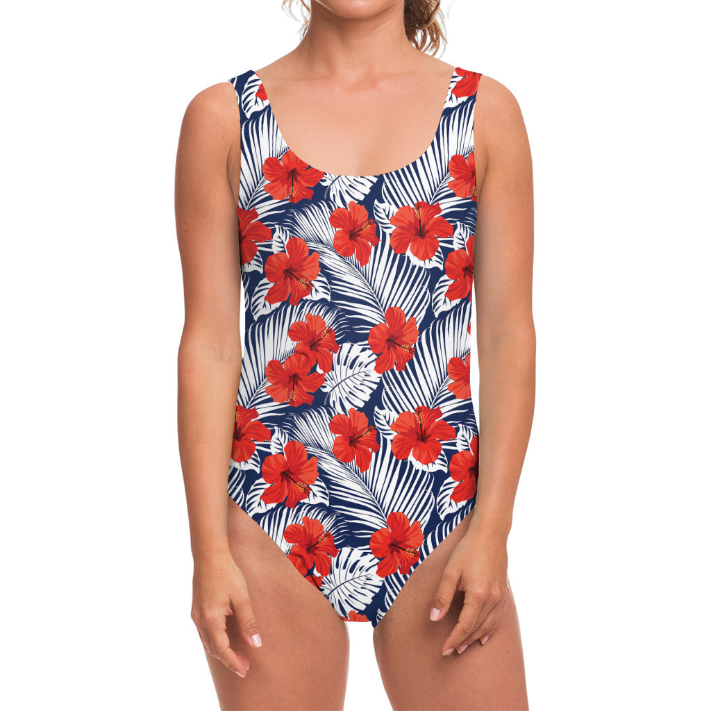 Red Hibiscus Tropical Pattern Print One Piece Swimsuit