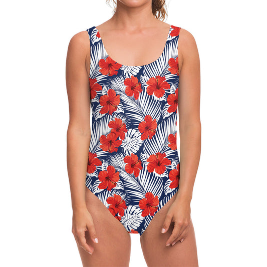 Red Hibiscus Tropical Pattern Print One Piece Swimsuit